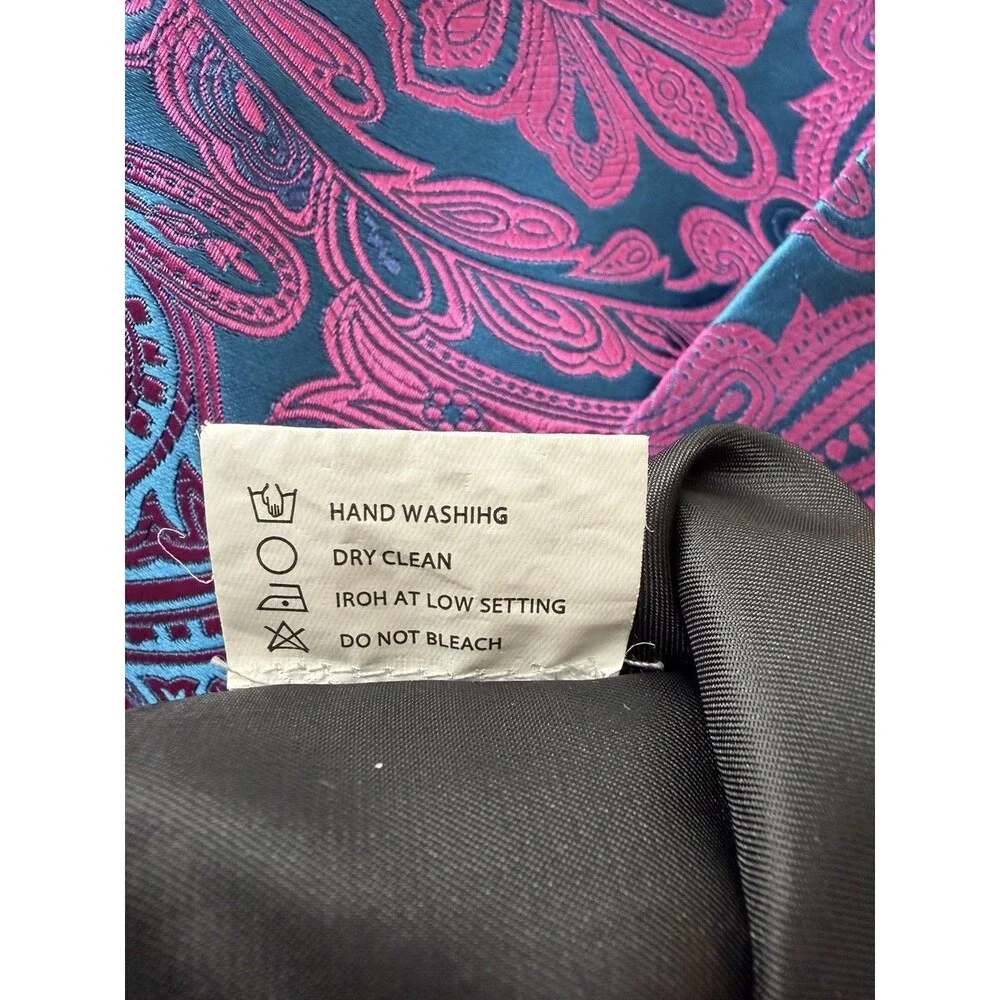 Magenta Pink Blue Turquoise Paisley Brocade Tuxedo Vest Men's L Pockets Wedding
